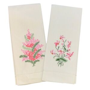 Vintage Embroidered Linen Tea Guest Towels Pink Floral Set Cottagecore